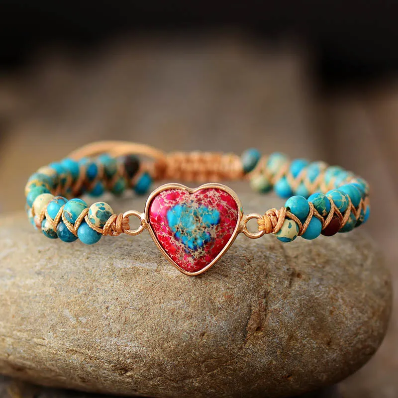 Natural Stone Heart Charm String Braided Macrame Bracelets