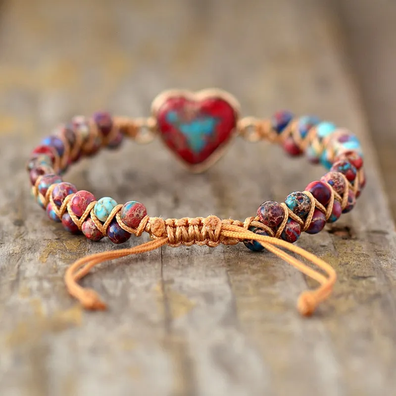 Natural Stone Heart Charm String Braided Macrame Bracelets