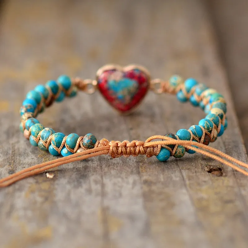 Natural Stone Heart Charm String Braided Macrame Bracelets