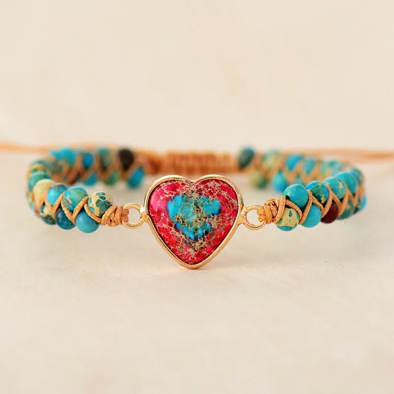 Natural Stone Heart Charm String Braided Macrame Bracelets