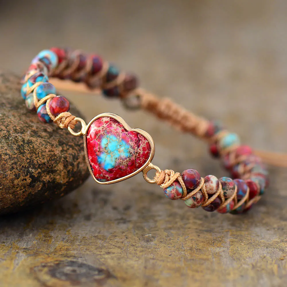 Natural Stone Heart Charm String Braided Macrame Bracelets