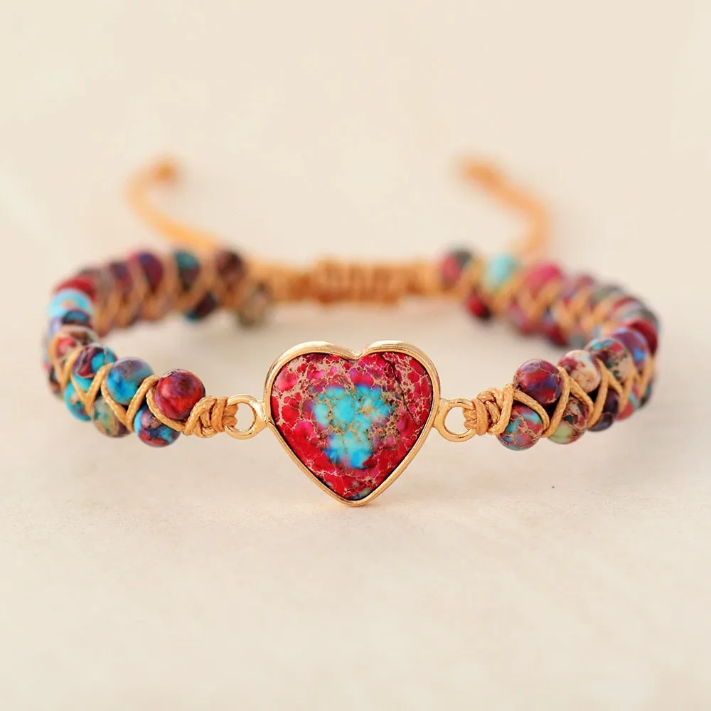 Natural Stone Heart Charm String Braided Macrame Bracelets