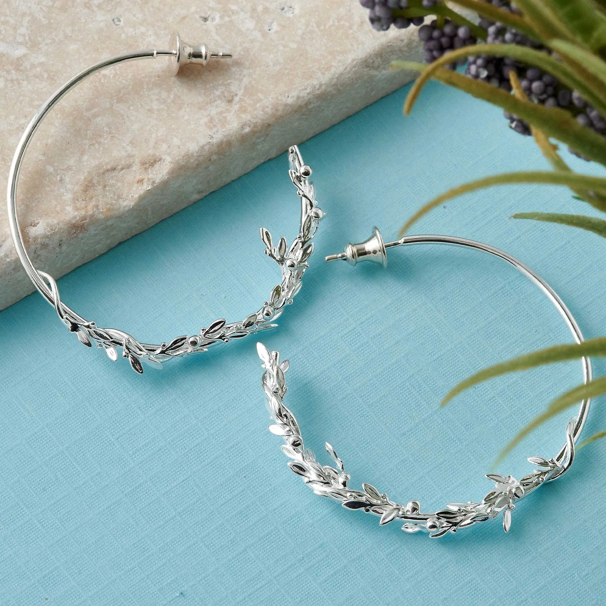 Olive Branch Silver Hoop Earrings