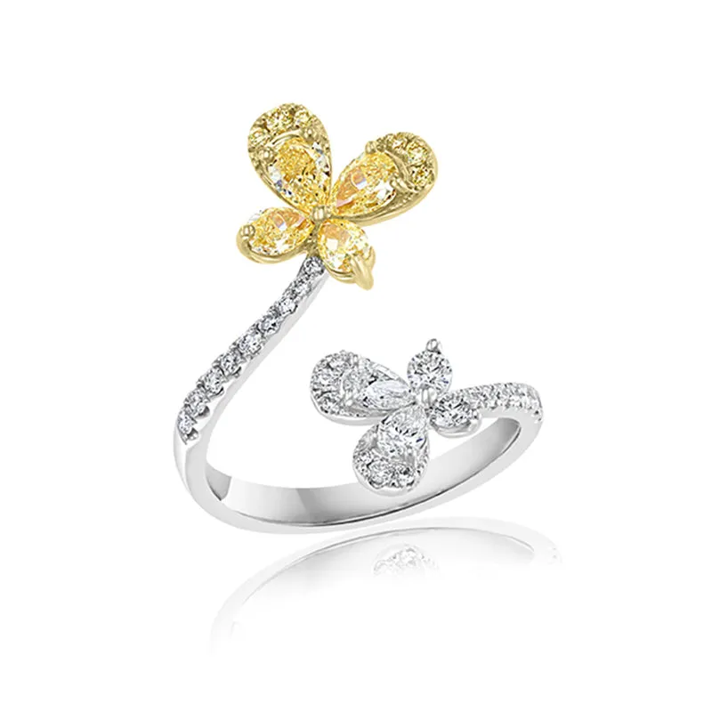 Open Swirl Ring with Diamond Butterfly Ends in White/Yellow Gold