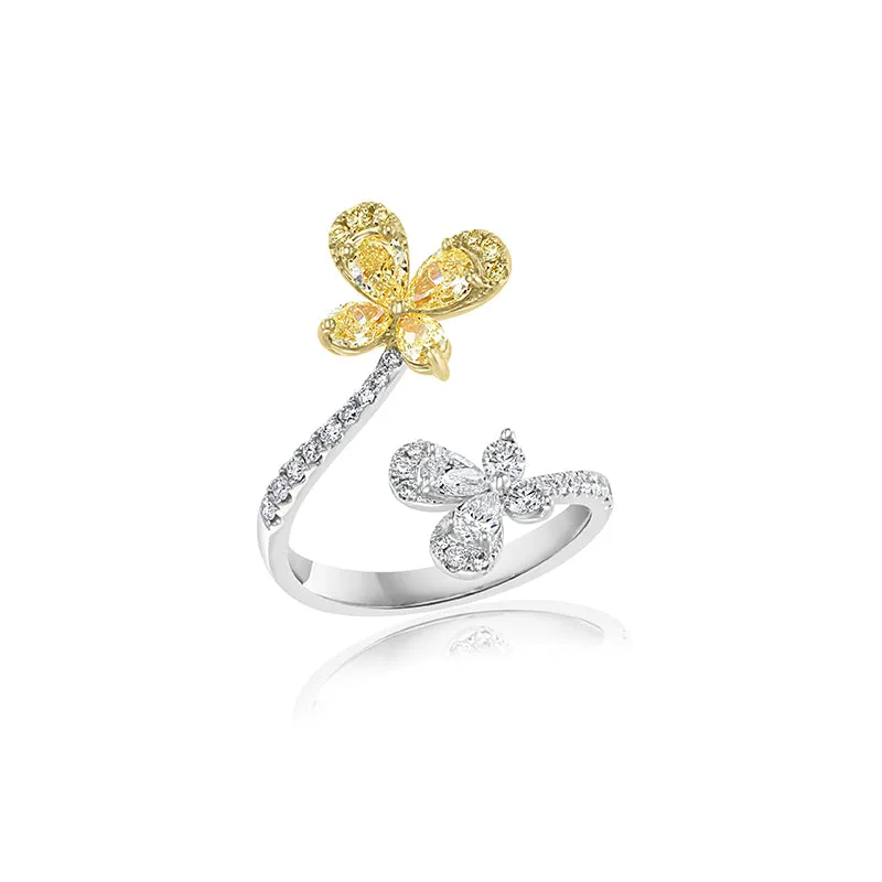 Open Swirl Ring with Diamond Butterfly Ends in White/Yellow Gold