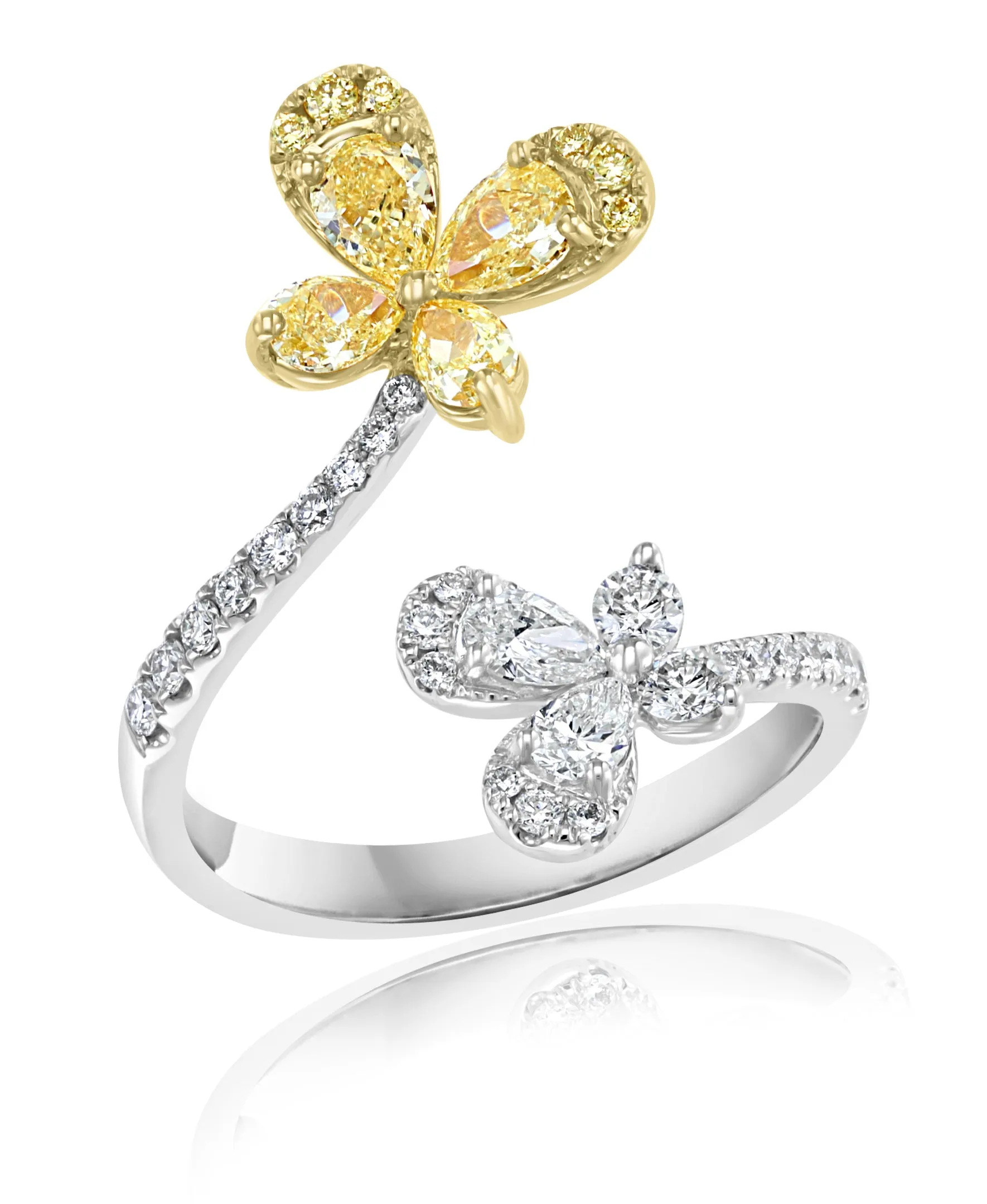 Open Swirl Ring with Diamond Butterfly Ends in White/Yellow Gold