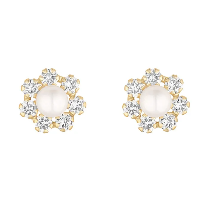 Pearl & White Stone Flower Stud Earrings