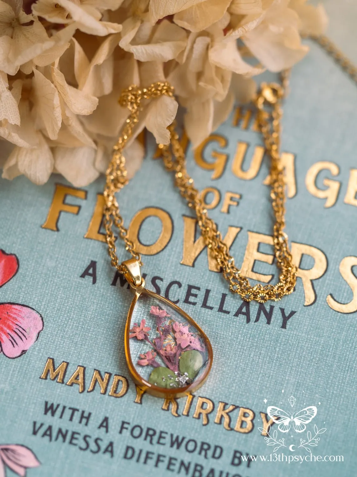 Pressed pink flowers teardrop resin pendant necklace