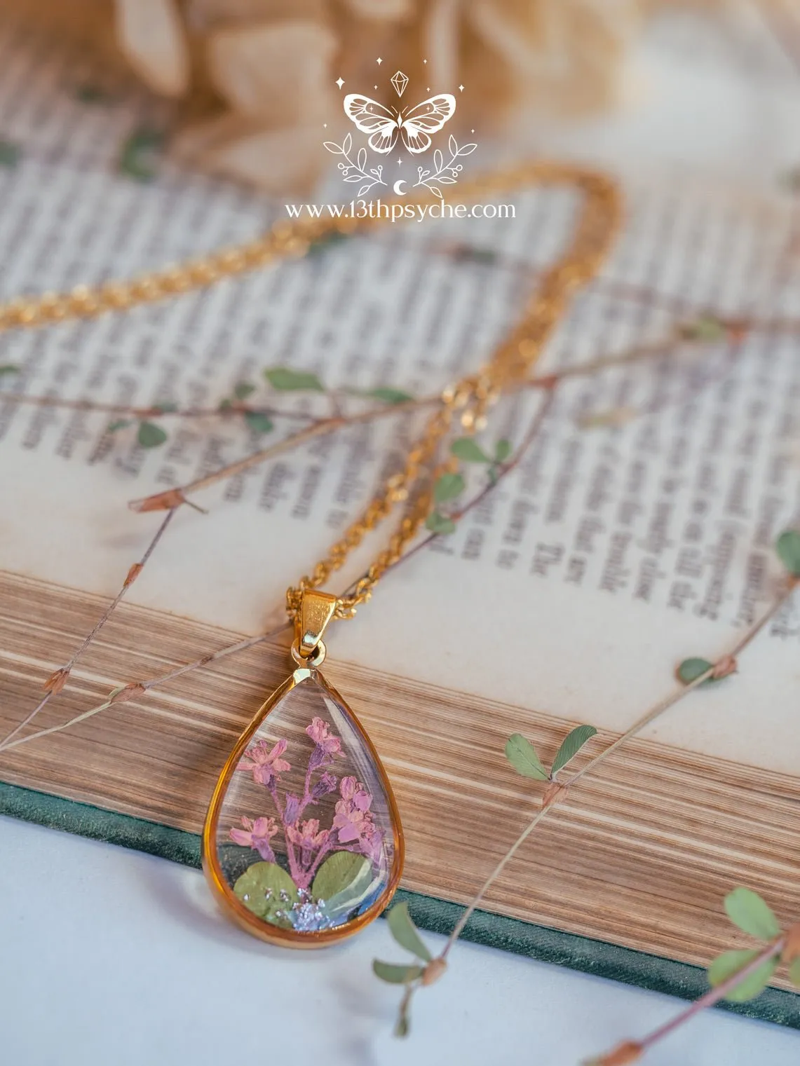 Pressed pink flowers teardrop resin pendant necklace