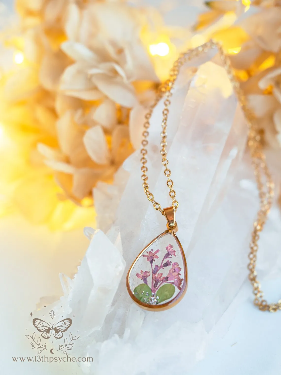 Pressed pink flowers teardrop resin pendant necklace