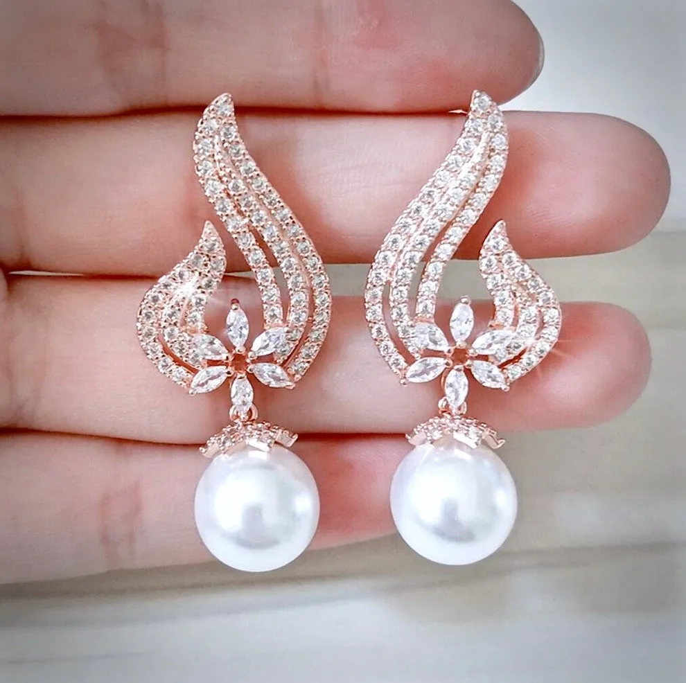 "Lavinia" - Pearl and Cubic Zirconia Bridal Earrings - Available in Silver, Rose Gold and Yellow Gold