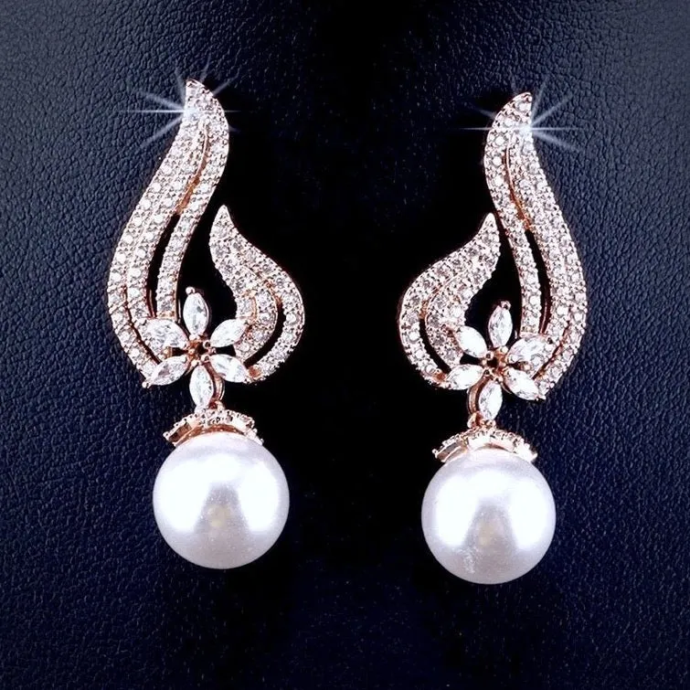 "Lavinia" - Pearl and Cubic Zirconia Bridal Earrings - Available in Silver, Rose Gold and Yellow Gold