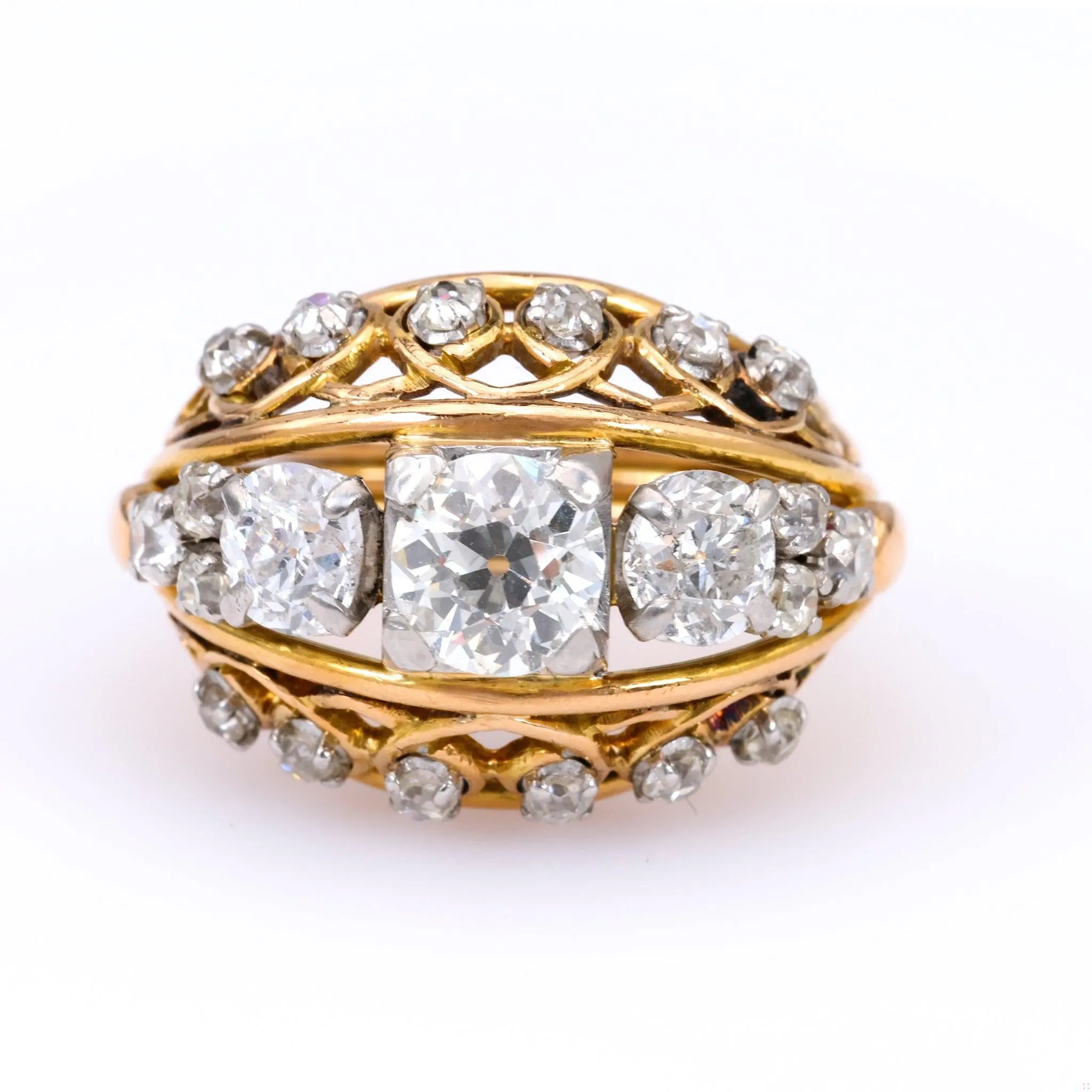 Retro French Diamond 18k Rose Gold Platinum Dome Ring