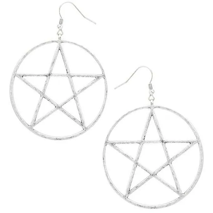 Round Star Large Drop Earrings - Silver