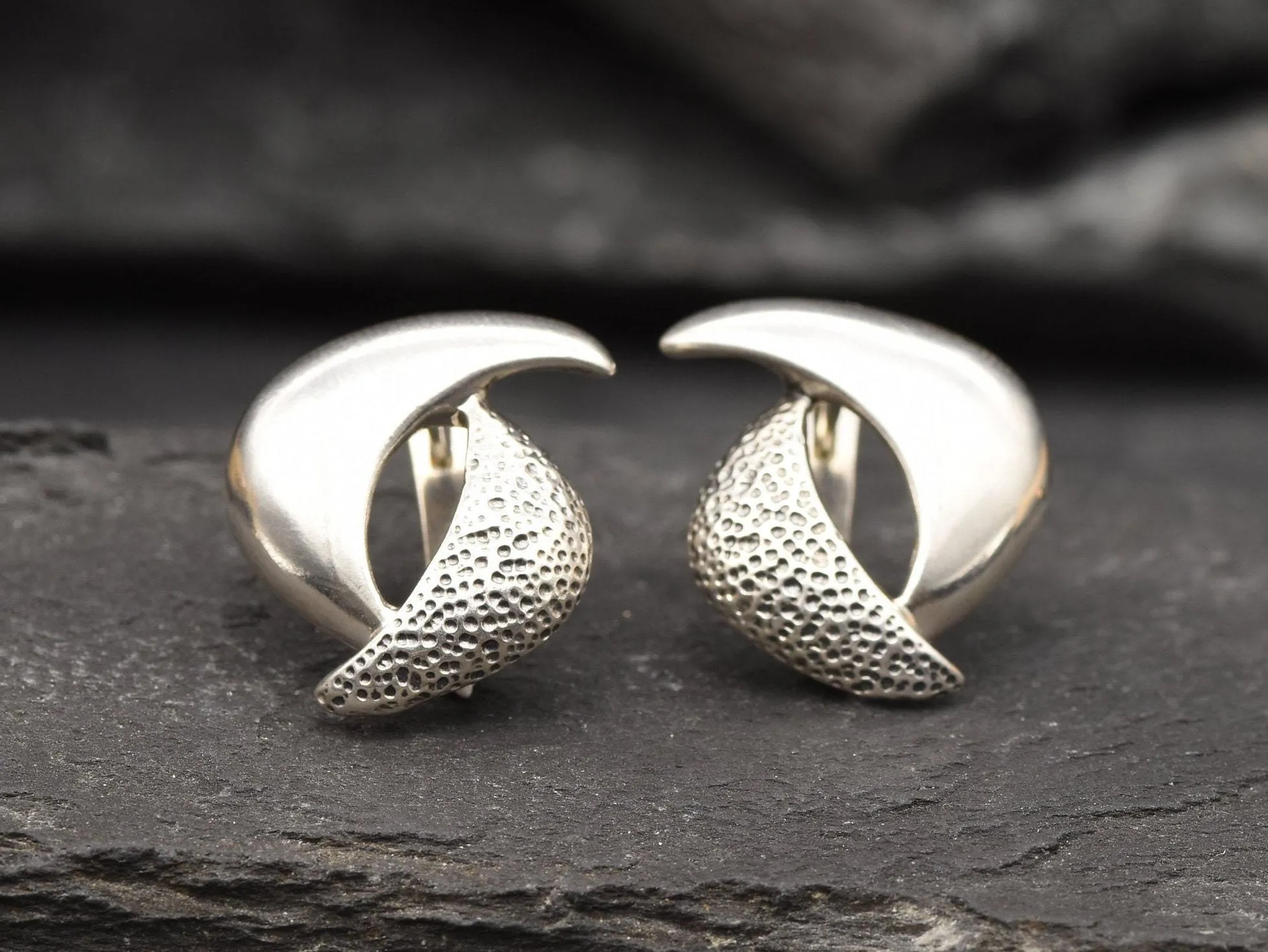 Silver Curved Earrings - Silver Textured Earrings - Yin Yang Earrings