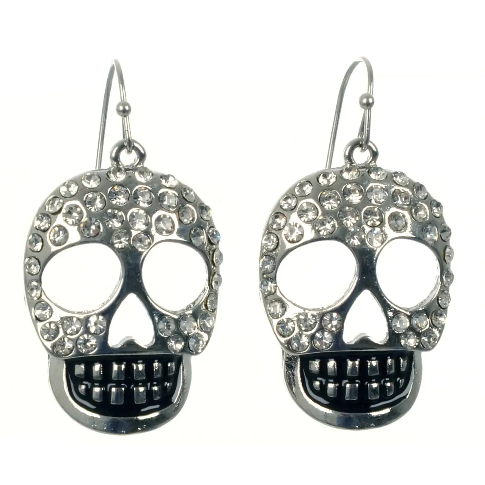 Silver Skull Drop Earrings Diamante Halloween Costume Jewellery