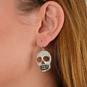 Silver Skull Drop Earrings Diamante Halloween Costume Jewellery