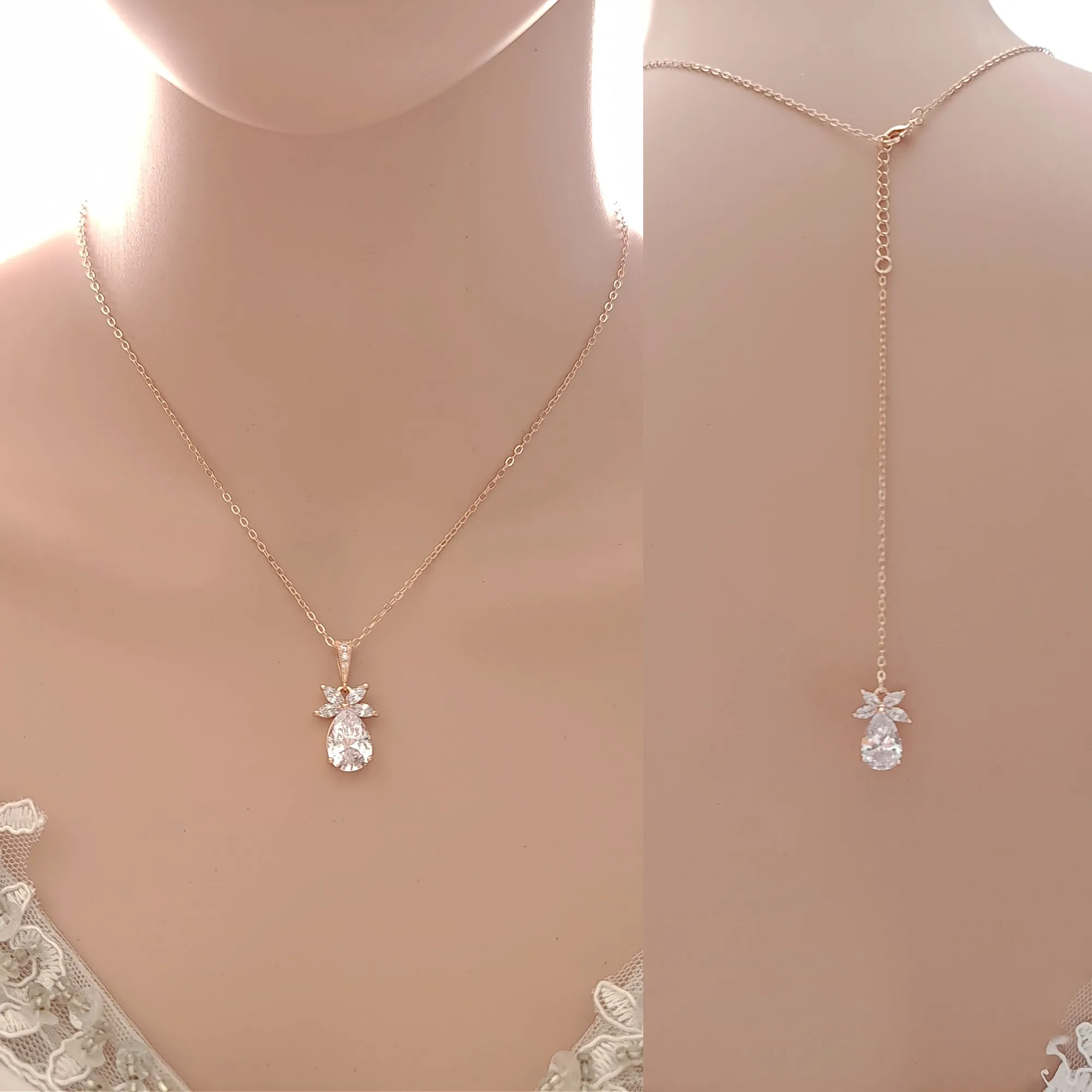 Simple Rose Gold Wedding Necklace and Earrings Set- Stella