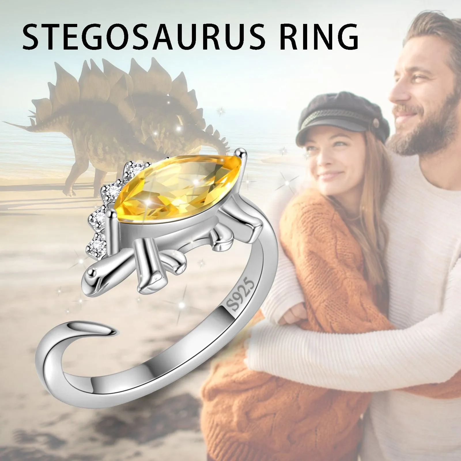 Stegosaurus Dinosaur Ring November Citrine Birthstone Women Girls Jewelry Gift