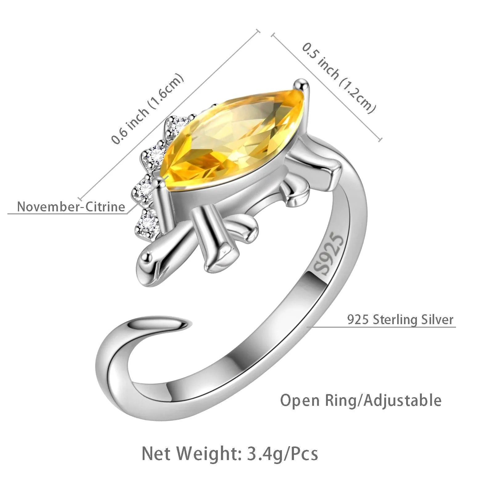 Stegosaurus Dinosaur Ring November Citrine Birthstone Women Girls Jewelry Gift