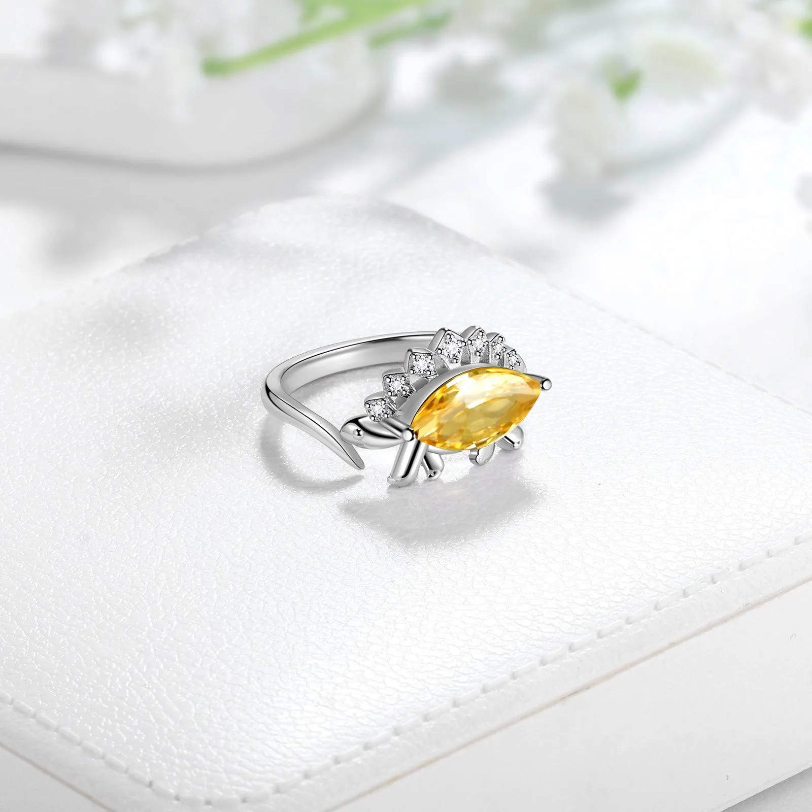 Stegosaurus Dinosaur Ring November Citrine Birthstone Women Girls Jewelry Gift