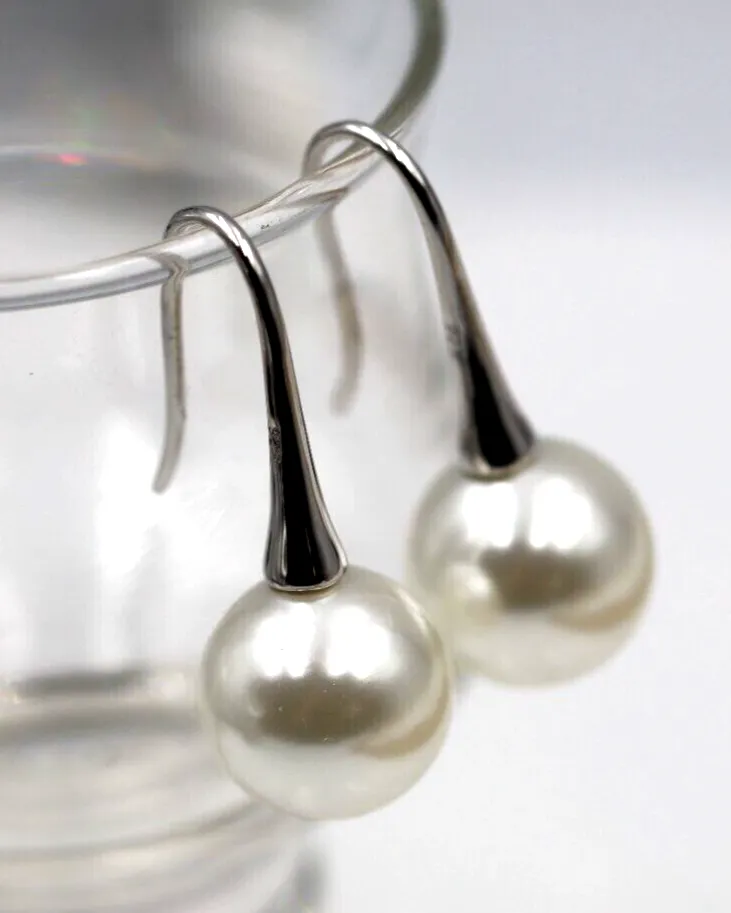 Sterling Silver 925 Large 12mm Shell Pearl Ball Drop Earrings