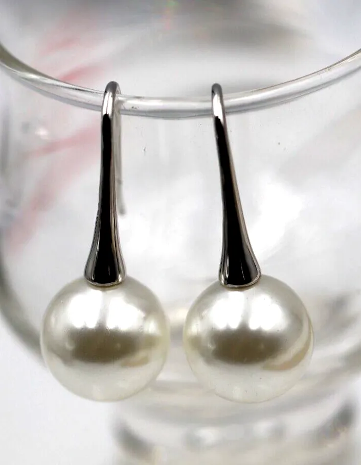 Sterling Silver 925 Large 12mm Shell Pearl Ball Drop Earrings