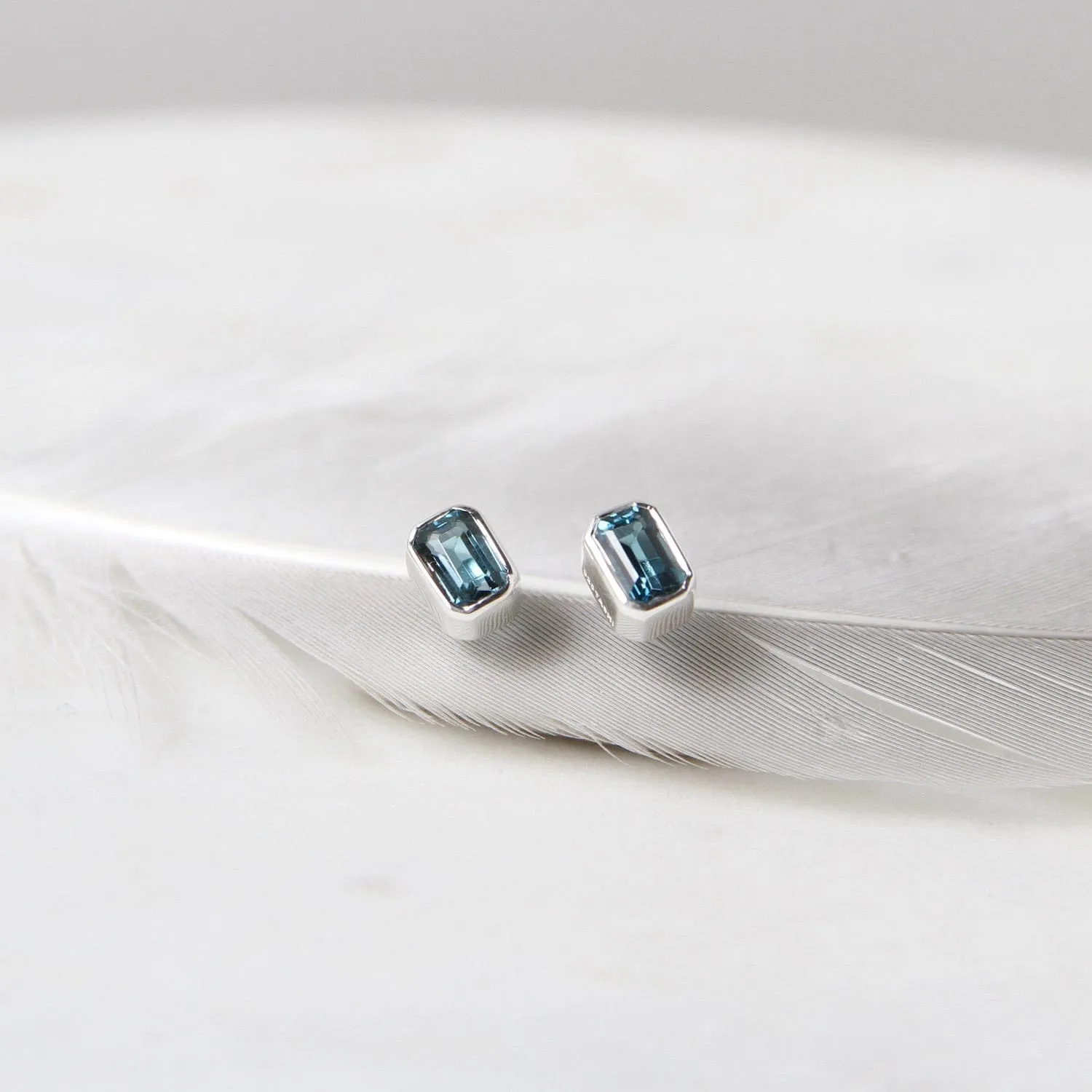 Sterling Silver Bezel Set Emerald Cut London Blue Topaz Earrings