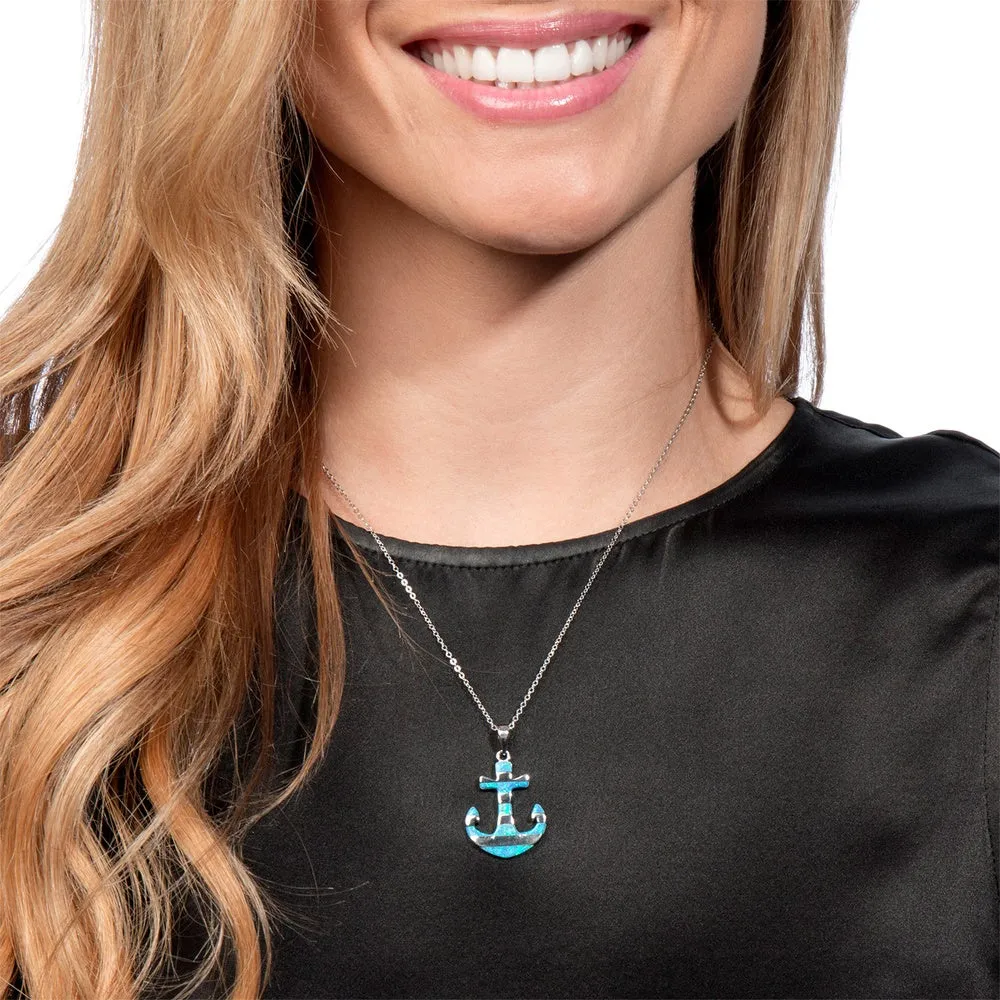 Sterling Silver Blue Fire Opal Nautical Anchor Pendant Necklace