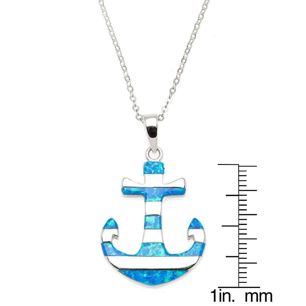 Sterling Silver Blue Fire Opal Nautical Anchor Pendant Necklace