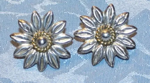 Sterling Silver Vintage Mexico LARGE Two Tone Flower Earrings (BOX-E-3)