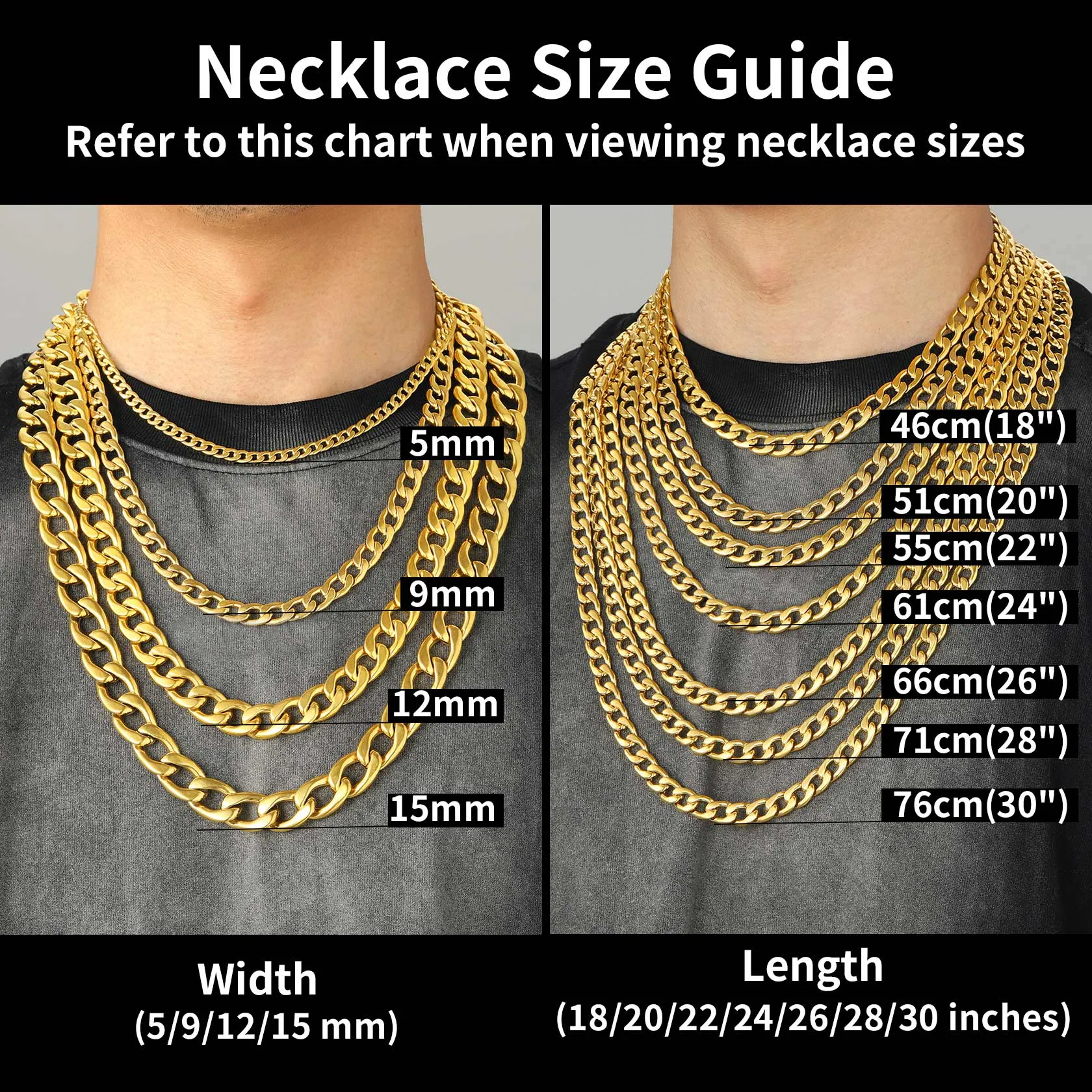 Sturdy Cuban Link Chain Necklace For Men 5/9/12/15MM Width