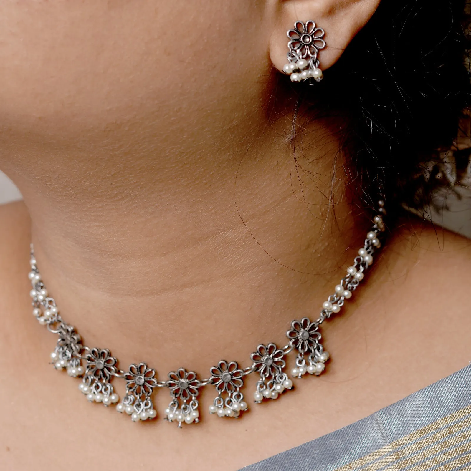 Teejh Anjali Floral Pearl Silver Oxidised Jewelry Set