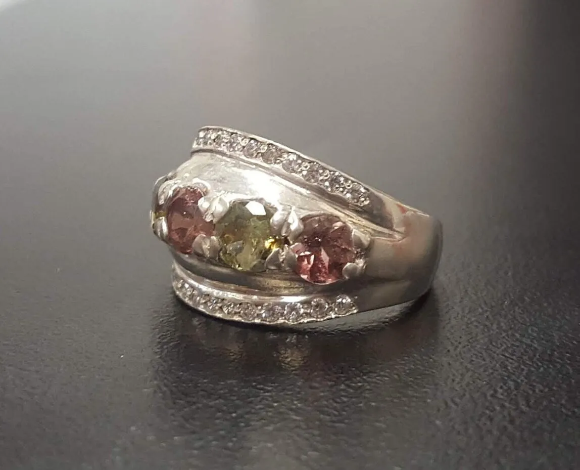 Tourmaline Ring - Colorful Statement Band - Chunky Silver Ring