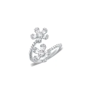 Two Flower Bypass Round and Baguette Diamond Ring