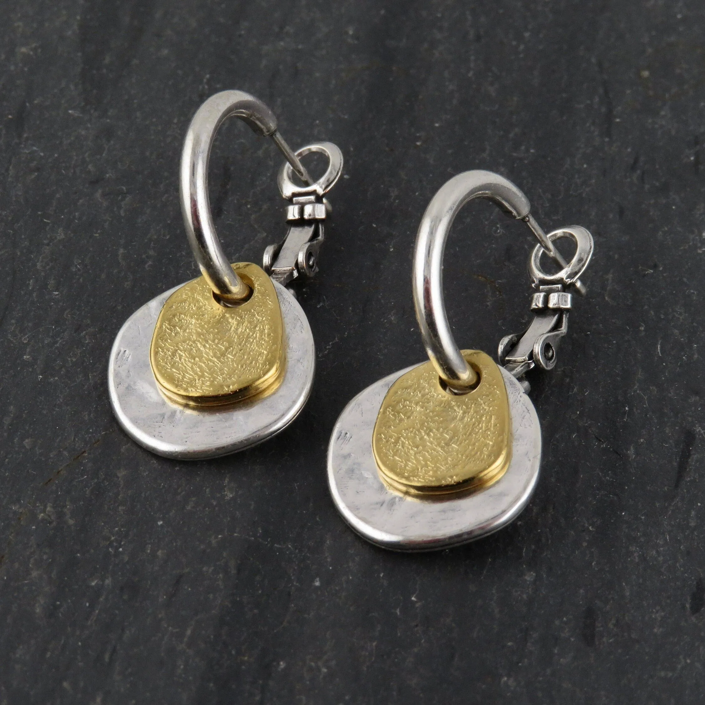 Two Tone Discs Earrings - Silver with Gold