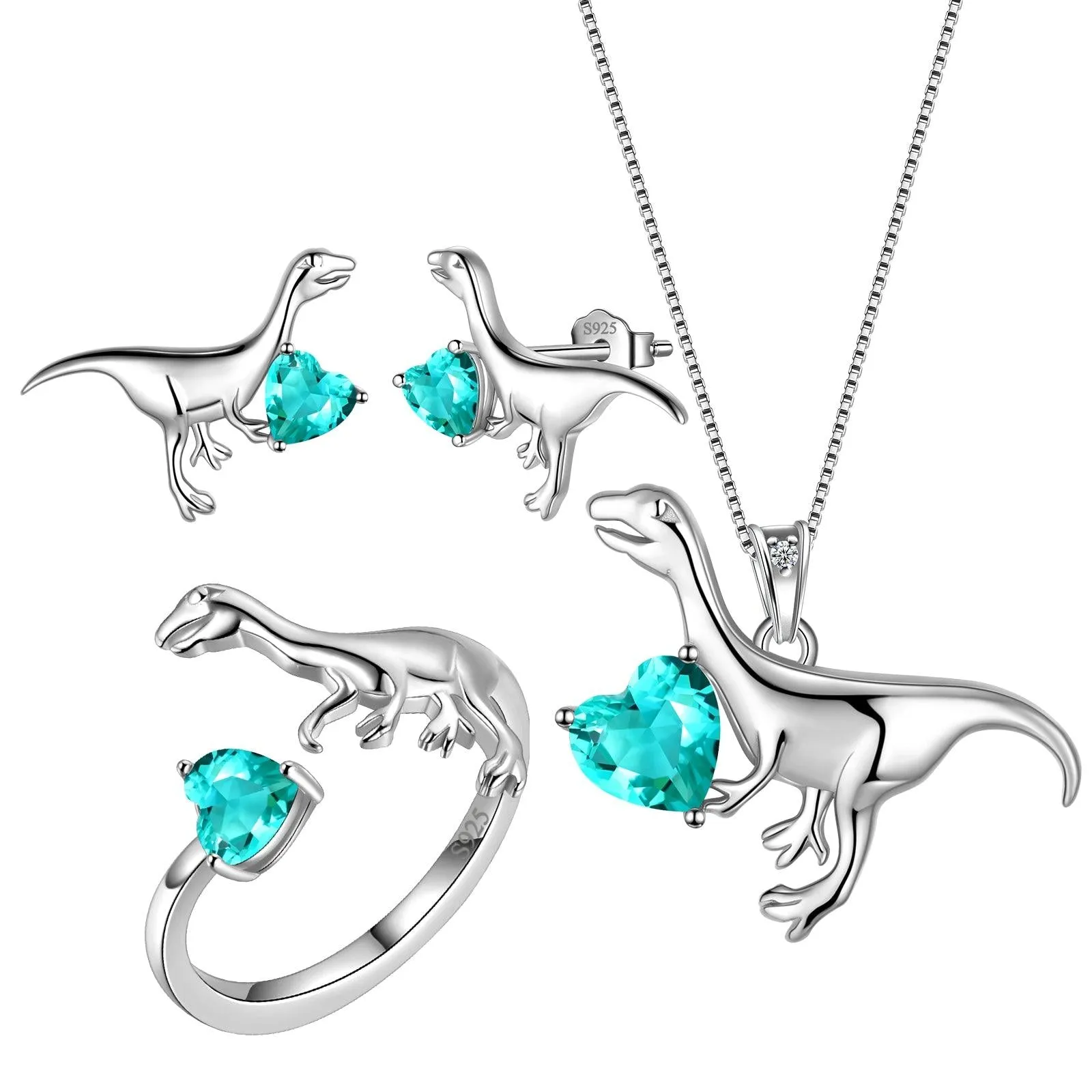 Velociraptor Dinosaur Charm Jewelry Set Earrings Necklace Ring Women Girls Jewelry Gift