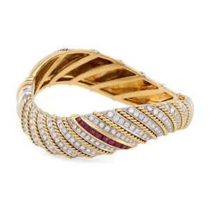 Vintage French Ruby Diamond 18K Yellow and White Gold Reversible Bangle