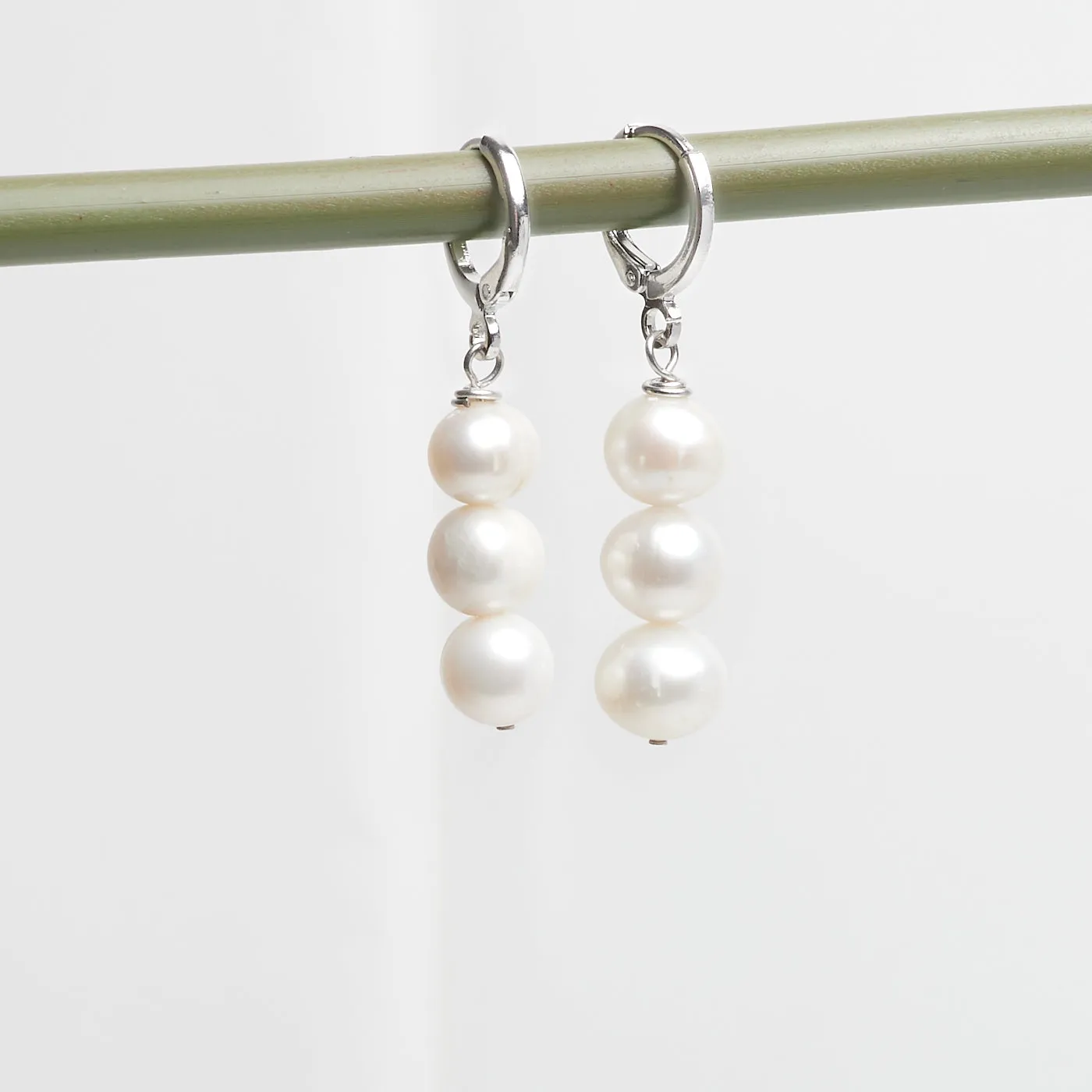 Women's Pearl Earrings - White | Triple Pearl Beads Dangle Drop Hoop Leverback Earrings | Gift for Her