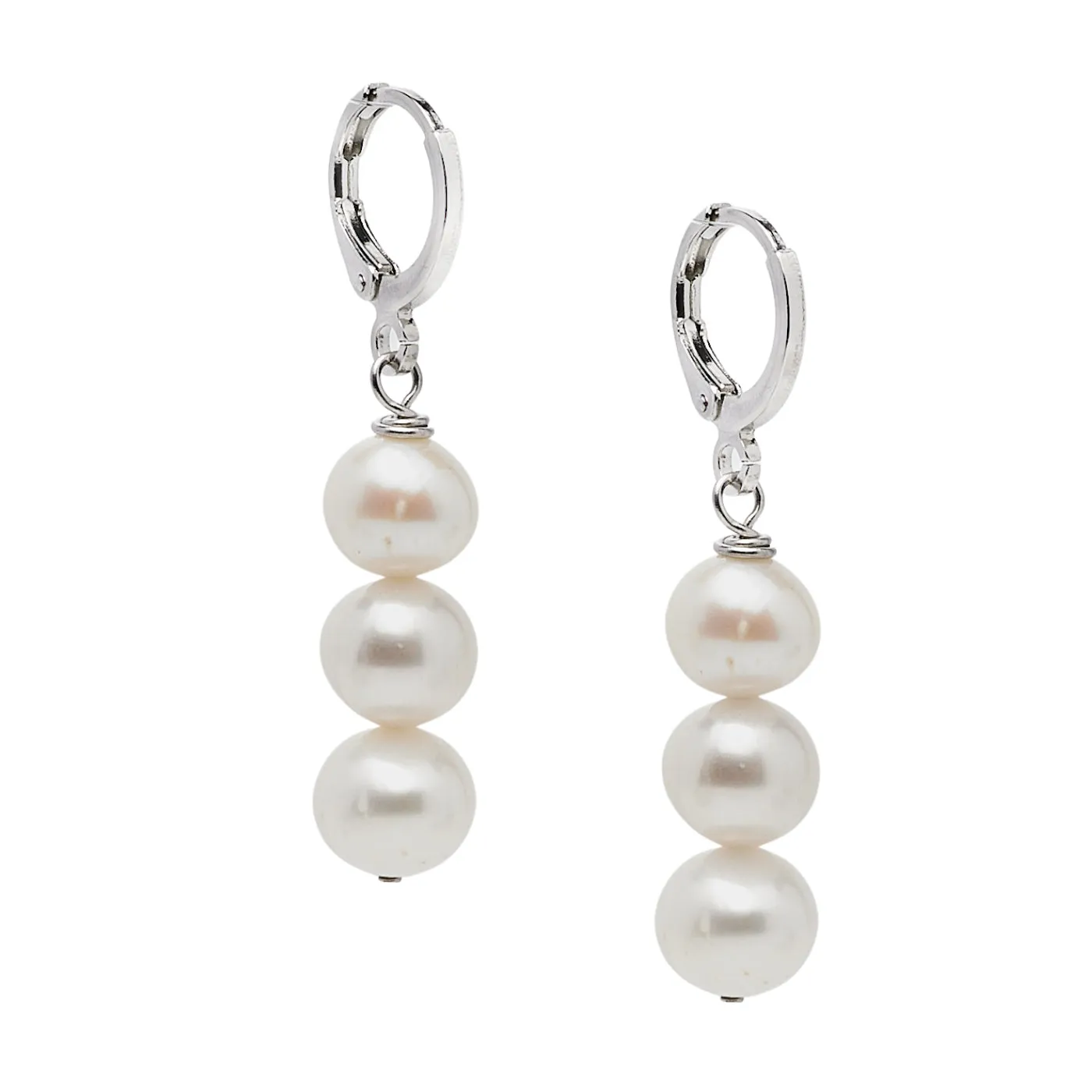 Women's Pearl Earrings - White | Triple Pearl Beads Dangle Drop Hoop Leverback Earrings | Gift for Her